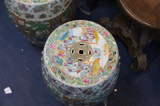 A pair of Chinese famille rose barrel shaped garden seats, c.1830-50, height 47.5cm, one barrel cracked